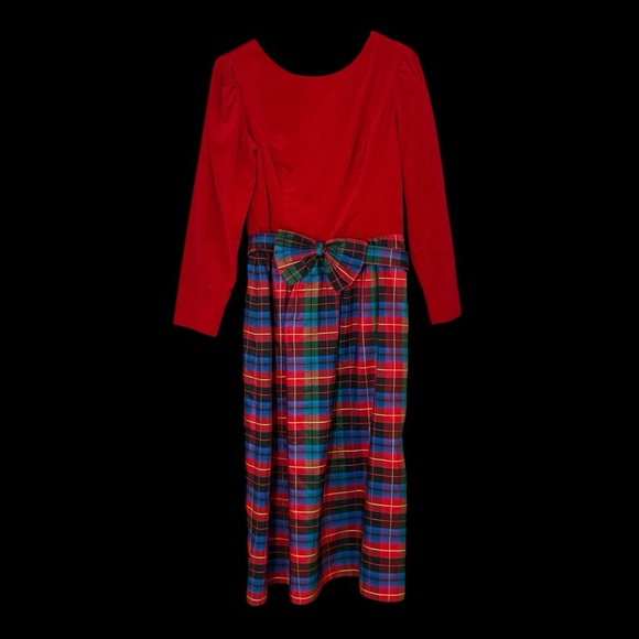 Vtg 80s Lanz Red Velvet Tartan Plaid Taffeta Holiday Formal Party Gown Dress 10 - Picture 3 of 14